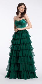 Satin Drape Embellished Corset A Line Dress with Chiffon Tiers