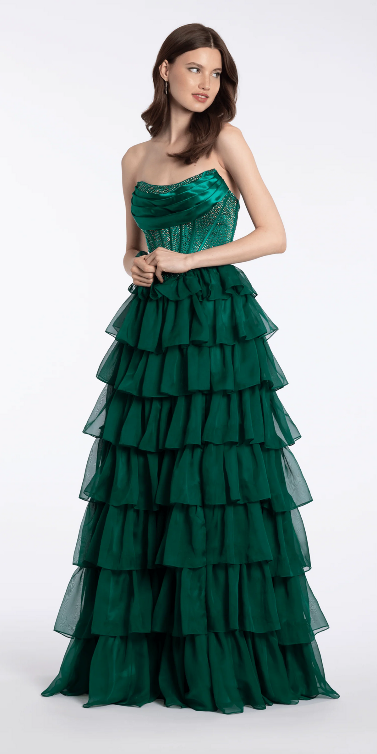 Satin Drape Embellished Corset A Line Dress with Chiffon Tiers