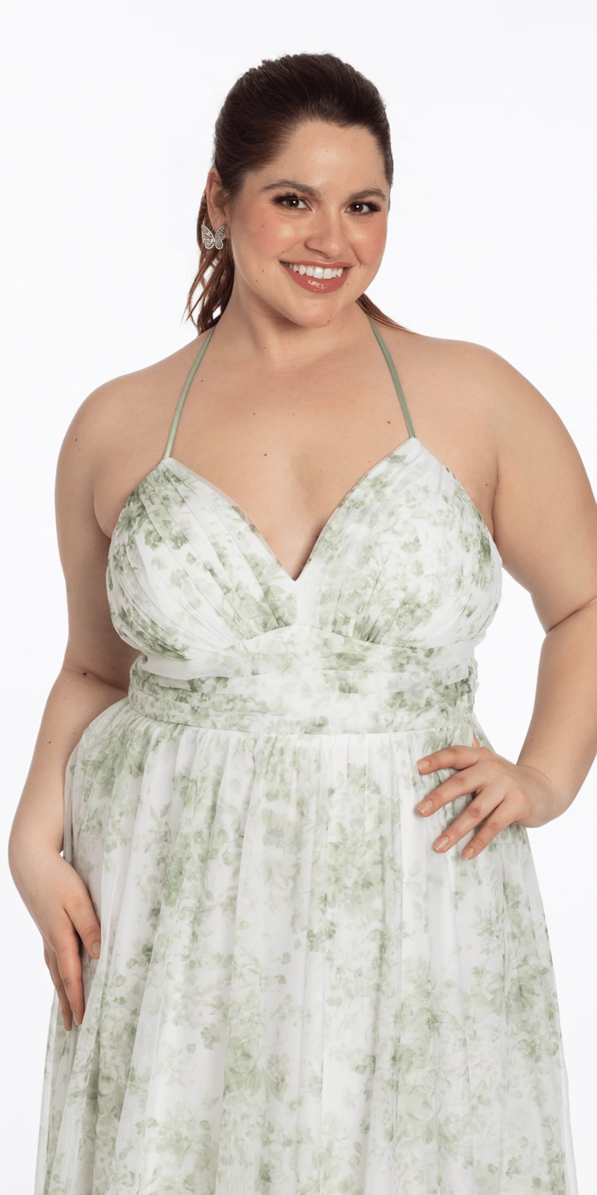 Floral Mesh Strappy Back Halter A Line Dress with Ruffle Tiered Hem