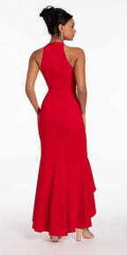 Crepe Racer Back Halter High Low Dress with Side Cascade
