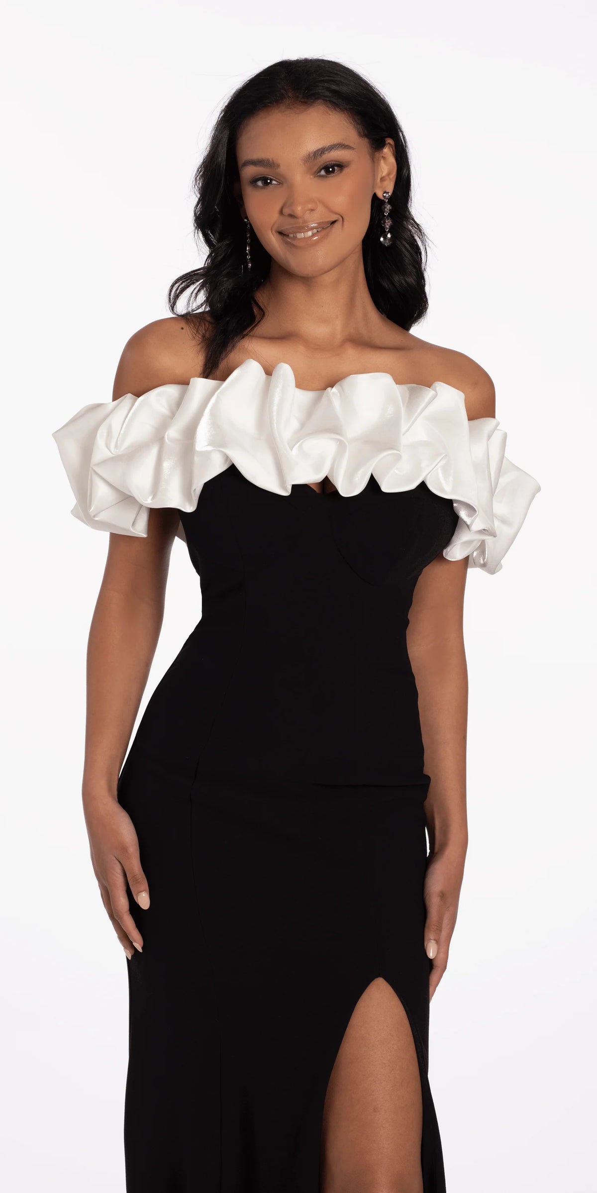 Two Tone Ruffle Off the Shoulder Crepe Trumpet Dress