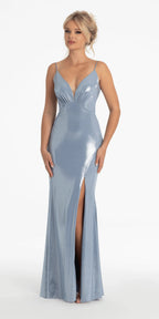 Metallic Plunge Knot Back Column Dress with Side Slit