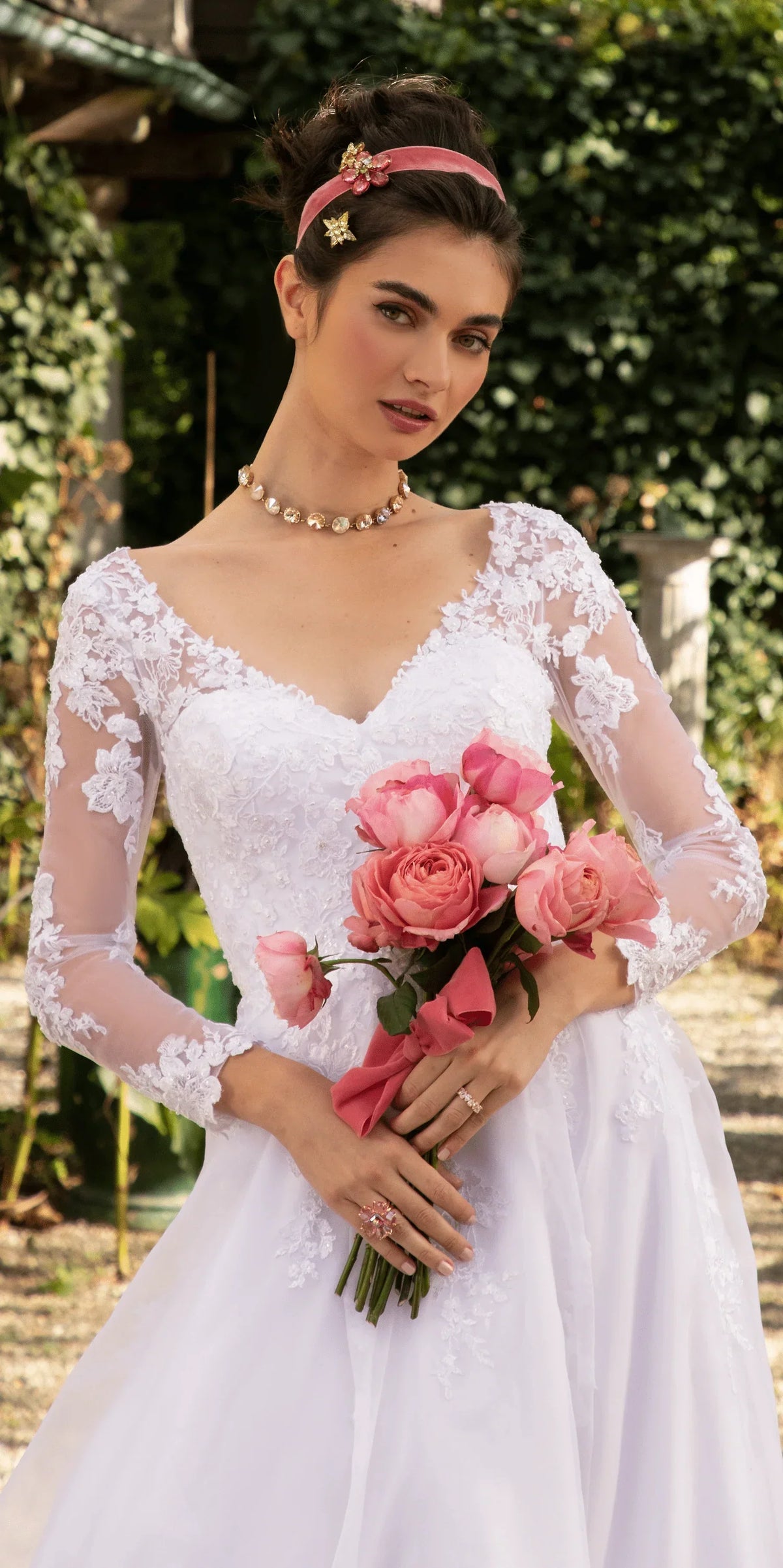 Organza V Neck Long Sleeve Lace Up Back Ballgown with Embellished Appliques