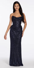 Pointed Strapless Sequin Lace Up Back Column Dress