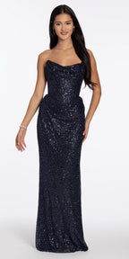 Pointed Strapless Sequin Lace Up Back Column Dress