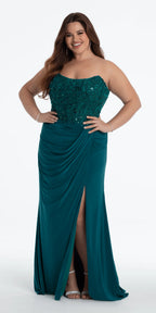 Strapless Embellished Drape Corset Jersey Column Dress