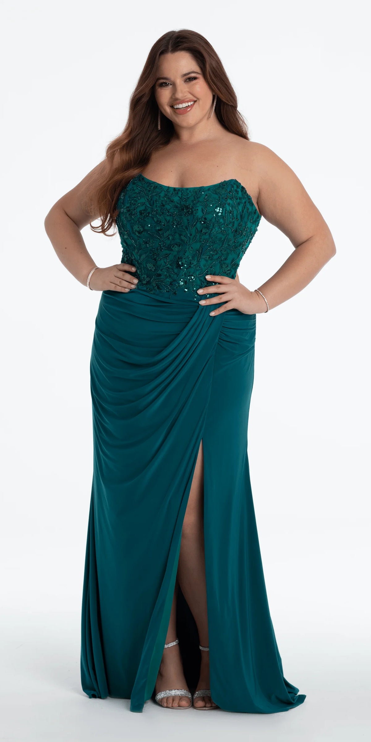 Strapless Embellished Drape Corset Jersey Column Dress