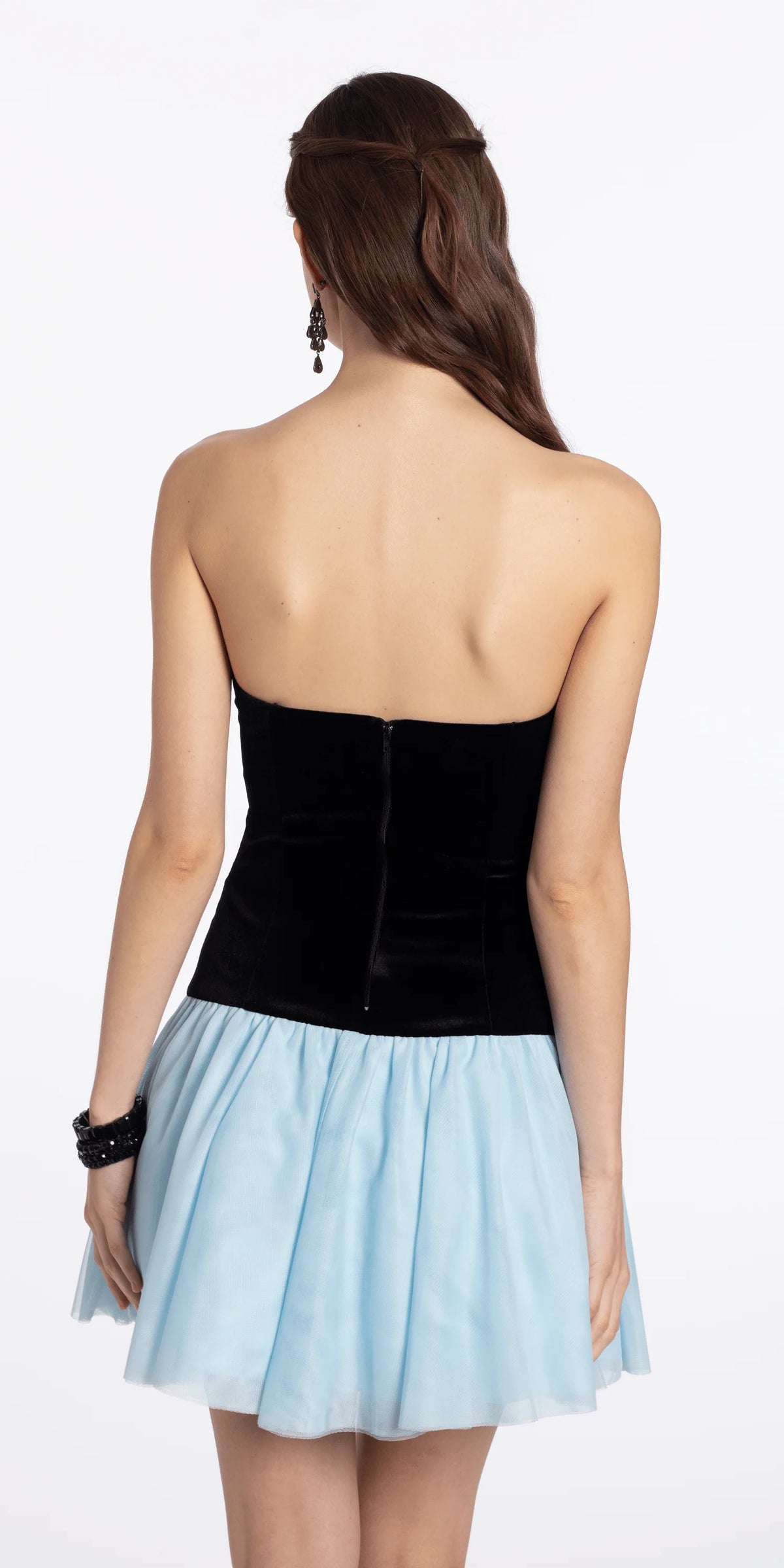 Two Tone Strapless Velvet Skater dress with Mesh Skirt