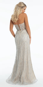 Pointed Strapless Rhinestone Glitter Mesh Column Dress with Side Slit