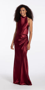Satin Cowl Neck Halter Column Dress with Side Ruching