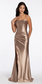Stretch Satin Strapless Corset Dress with Heat Set Stones