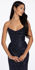 Pointed Strapless Sequin Lace Up Back Column Dress