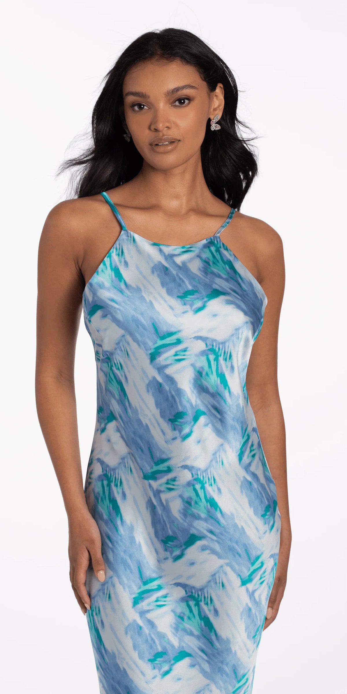 Satin Watercolor Strappy Back Halter Midi Dress