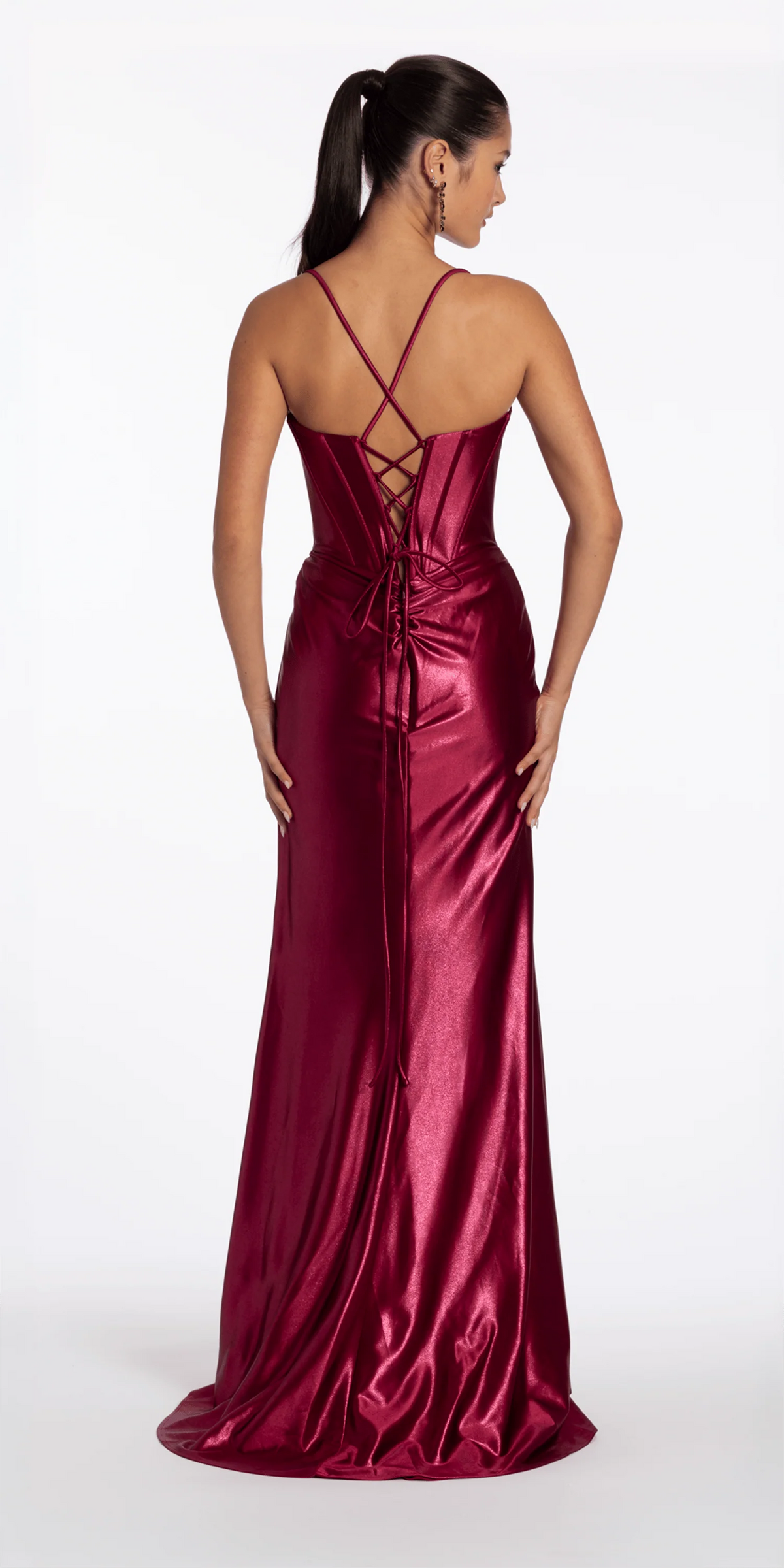 Strappy Back Satin Column Corset Dress with Side Slit
