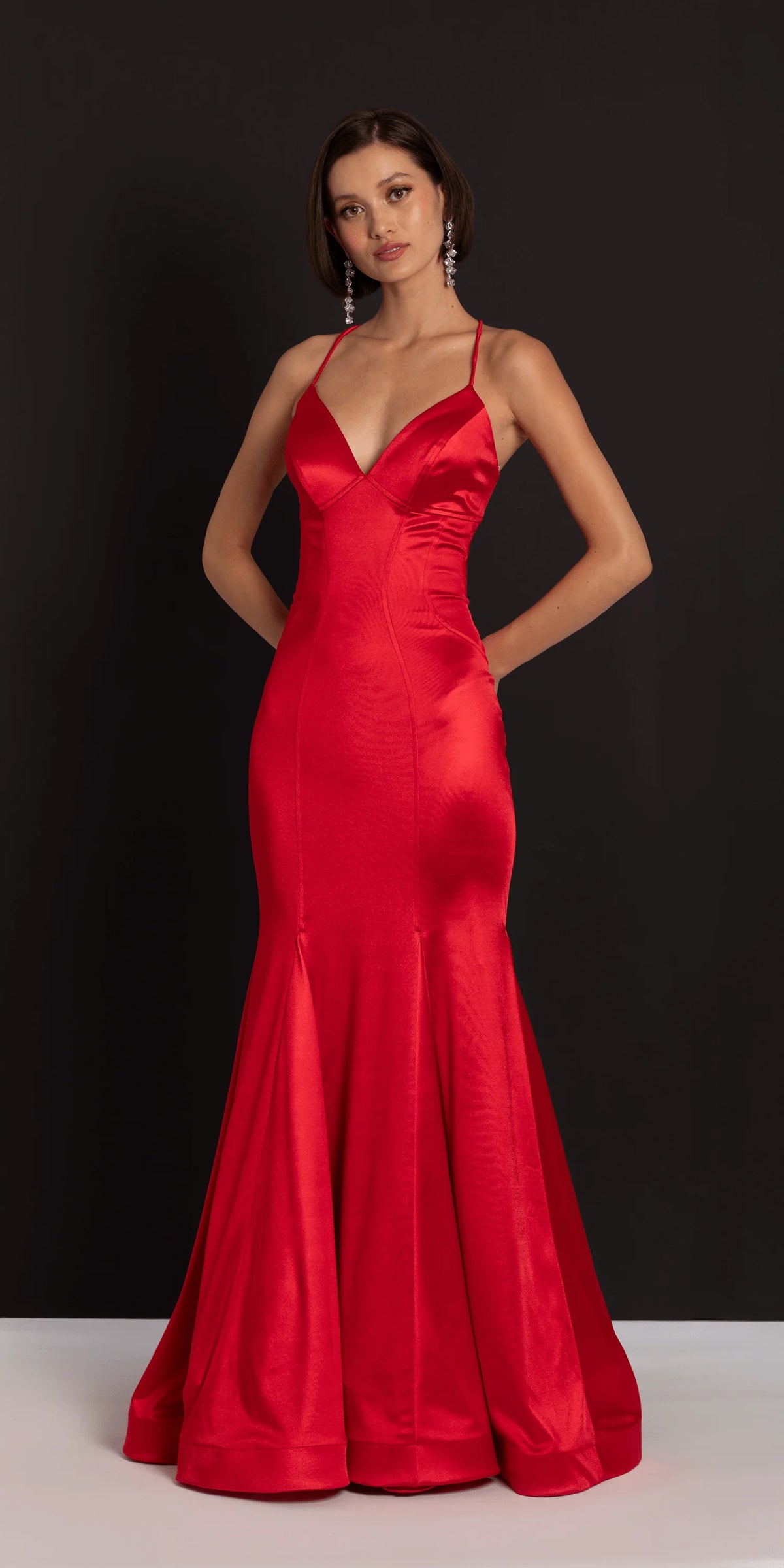 Strappy Back Satin Trumpet Dress with Godets