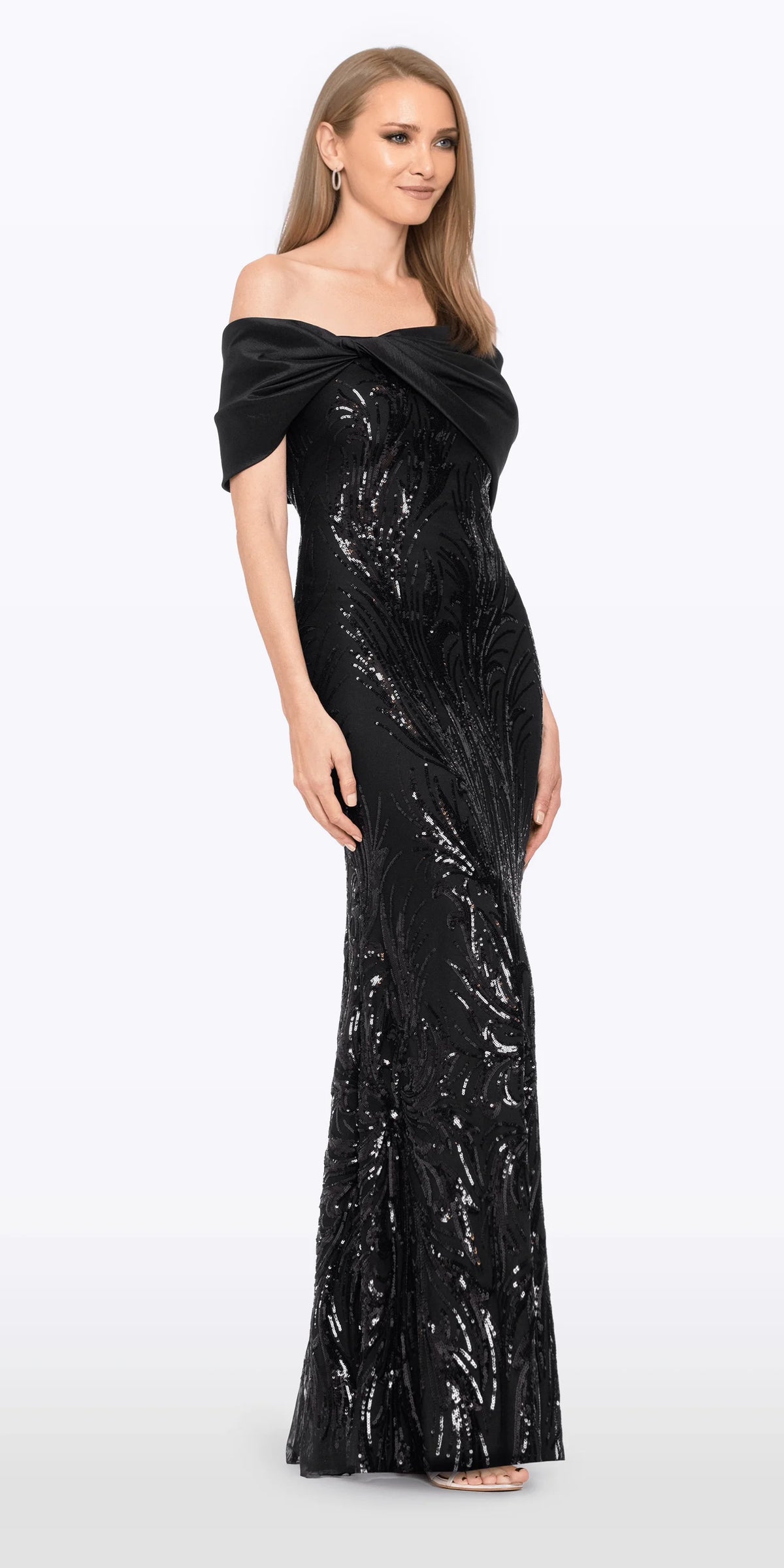 Taffeta Twist Off the Shoulder Embellished Mesh Trumpet Dress
