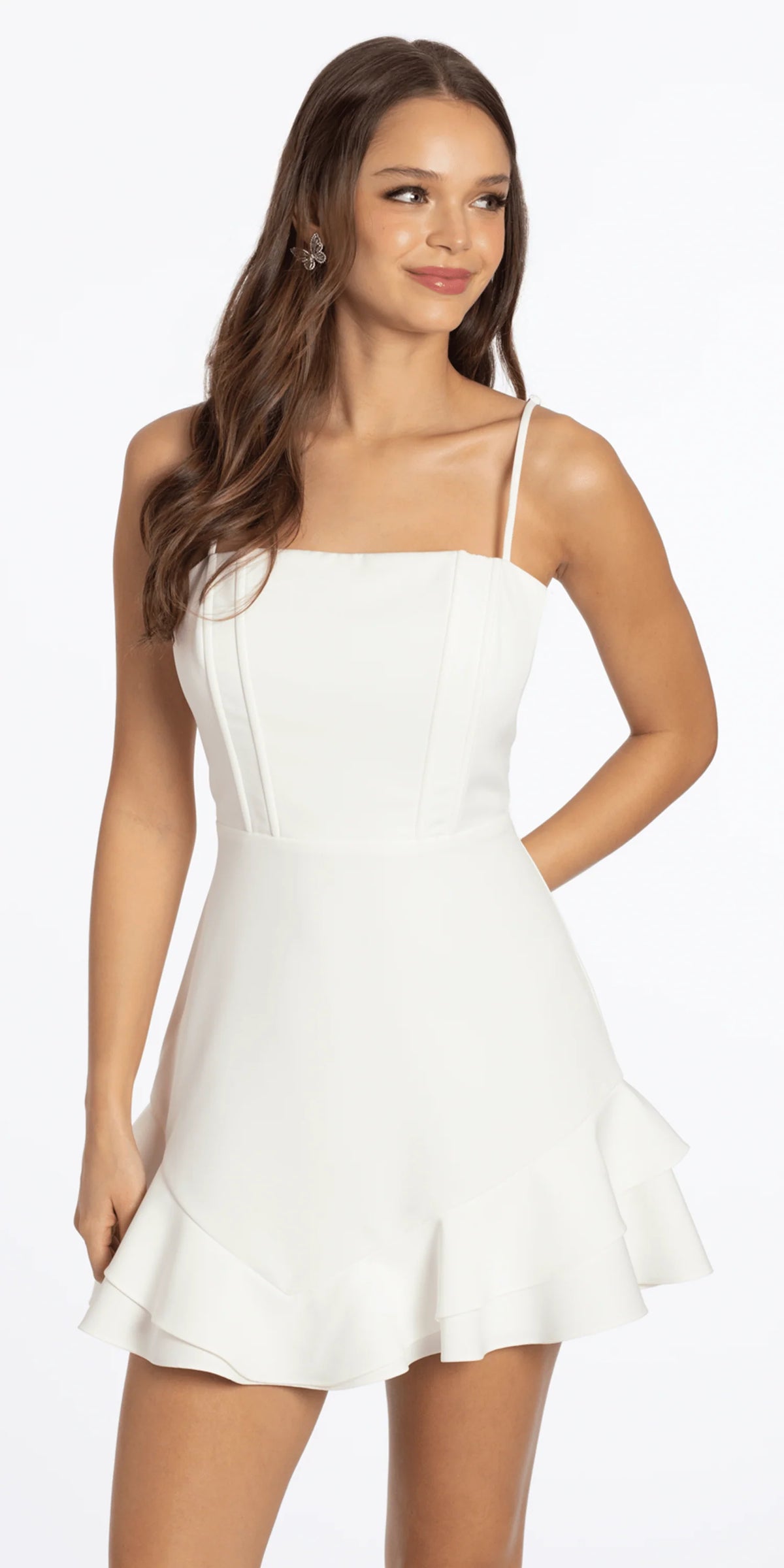 Satin Tie Back Crepe Dress with Asymmetrical Tiered Hem Dress