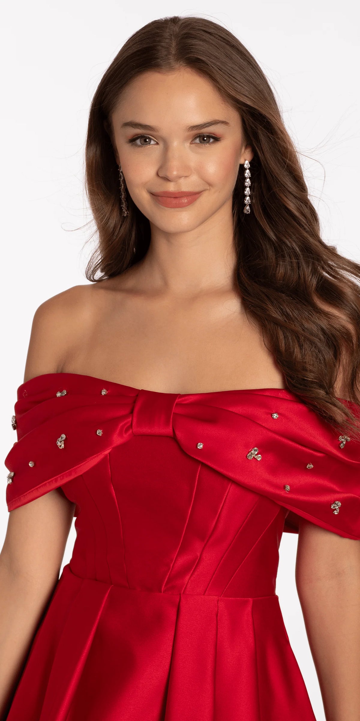 Satin Rhinestone Bow Off the Shoulder Skater Dress