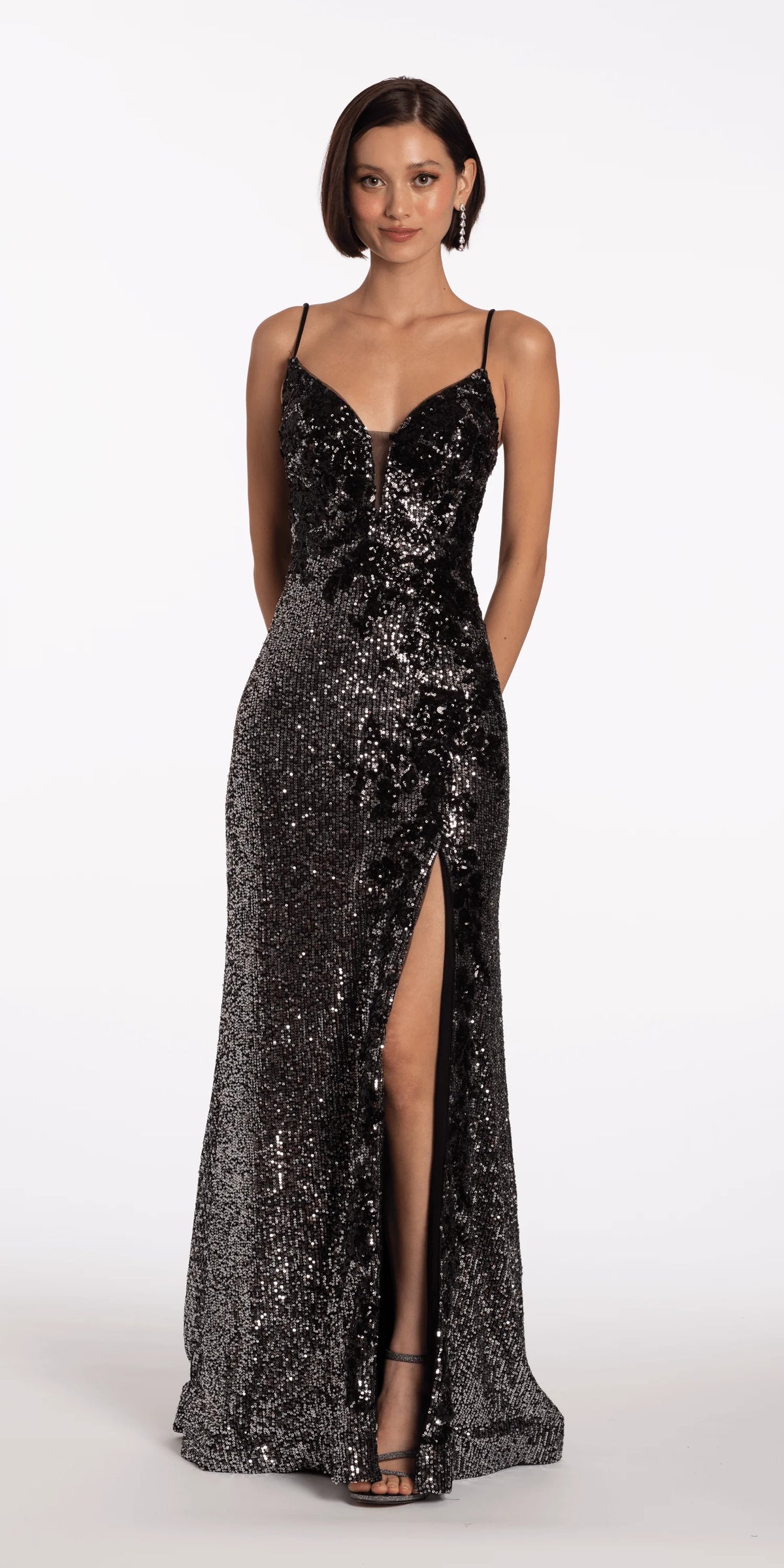 Plunging Sequin Sweetheart Corset Back Column Dress