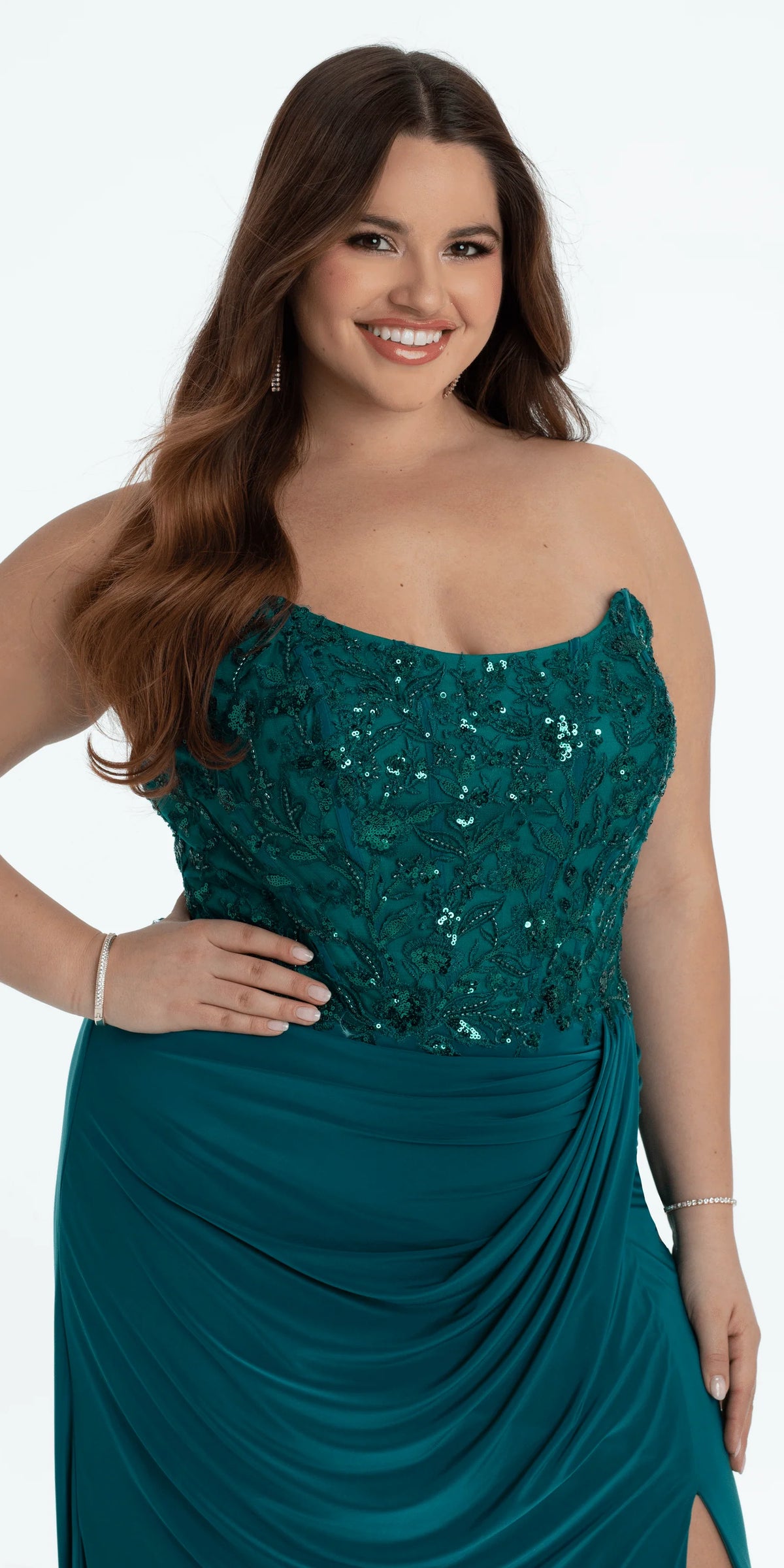 Strapless Embellished Drape Corset Jersey Column Dress