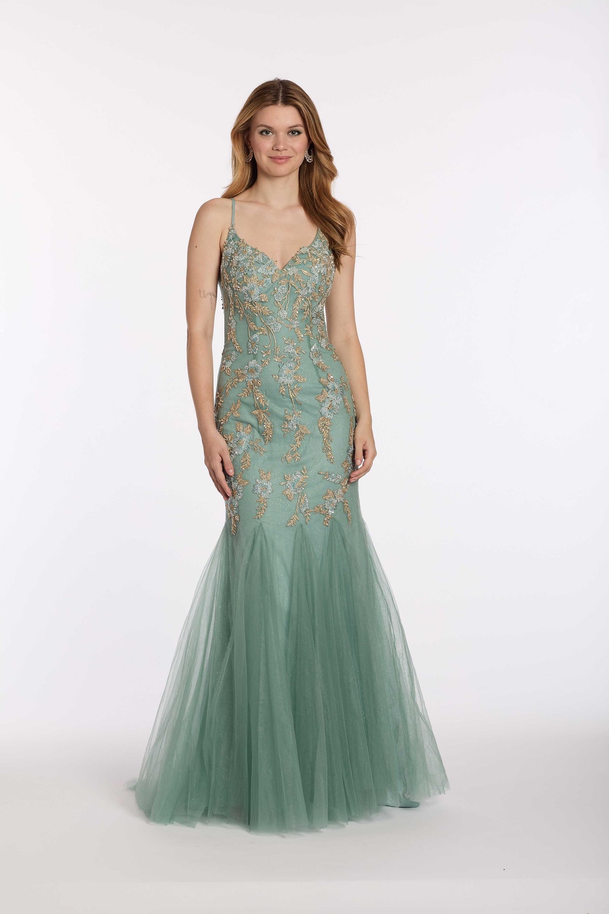 V Back Mesh Embroidered Mermaid Dress with Godets