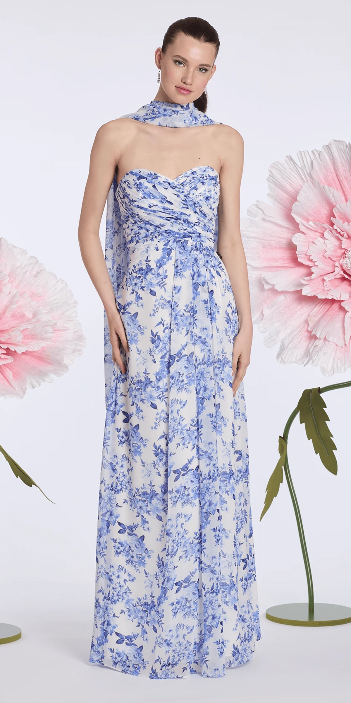 Floral Print Strapless Chiffon Pleated Column Dress with Scarf