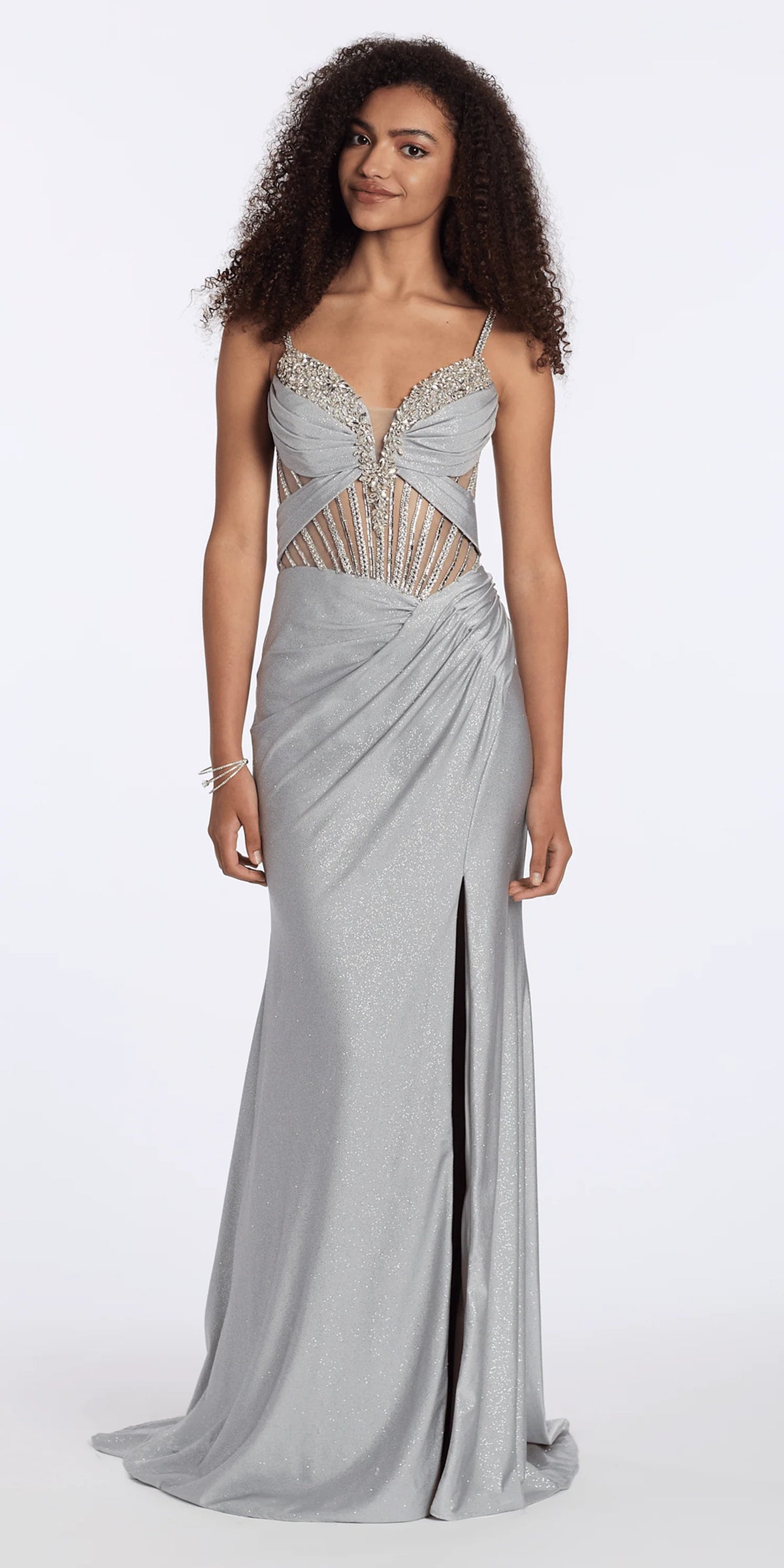 Sweetheart Glitter Knit Rhinestone Corset Column Dress with Side Slit
