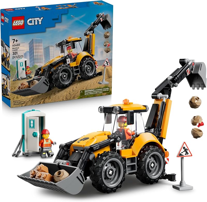 LEGO City Yellow Backhoe Loader 60480 Building Toys for Boys Girls Ages 7 Construction Truck Toy Movable Front Bucket Backhoe 301 pieces Gift Idea