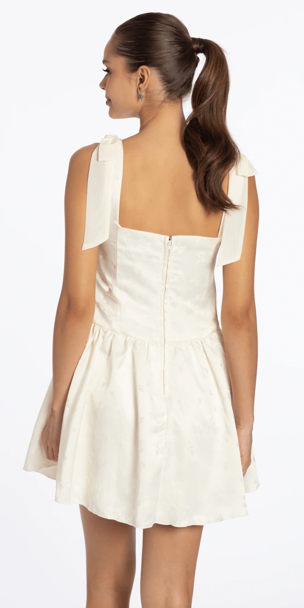 Basque Waist Jacquard Tie Shoulder Dress