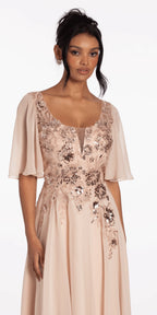 Scoop Neck Chiffon Flutter Sleeve Embroidered A line Dress