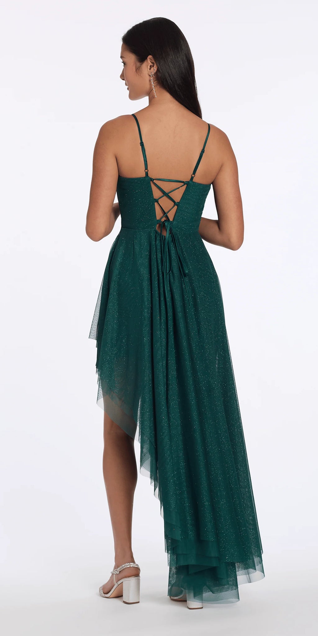 Strappy Back Glitter Mesh Sweetheart Corset High Low Dress