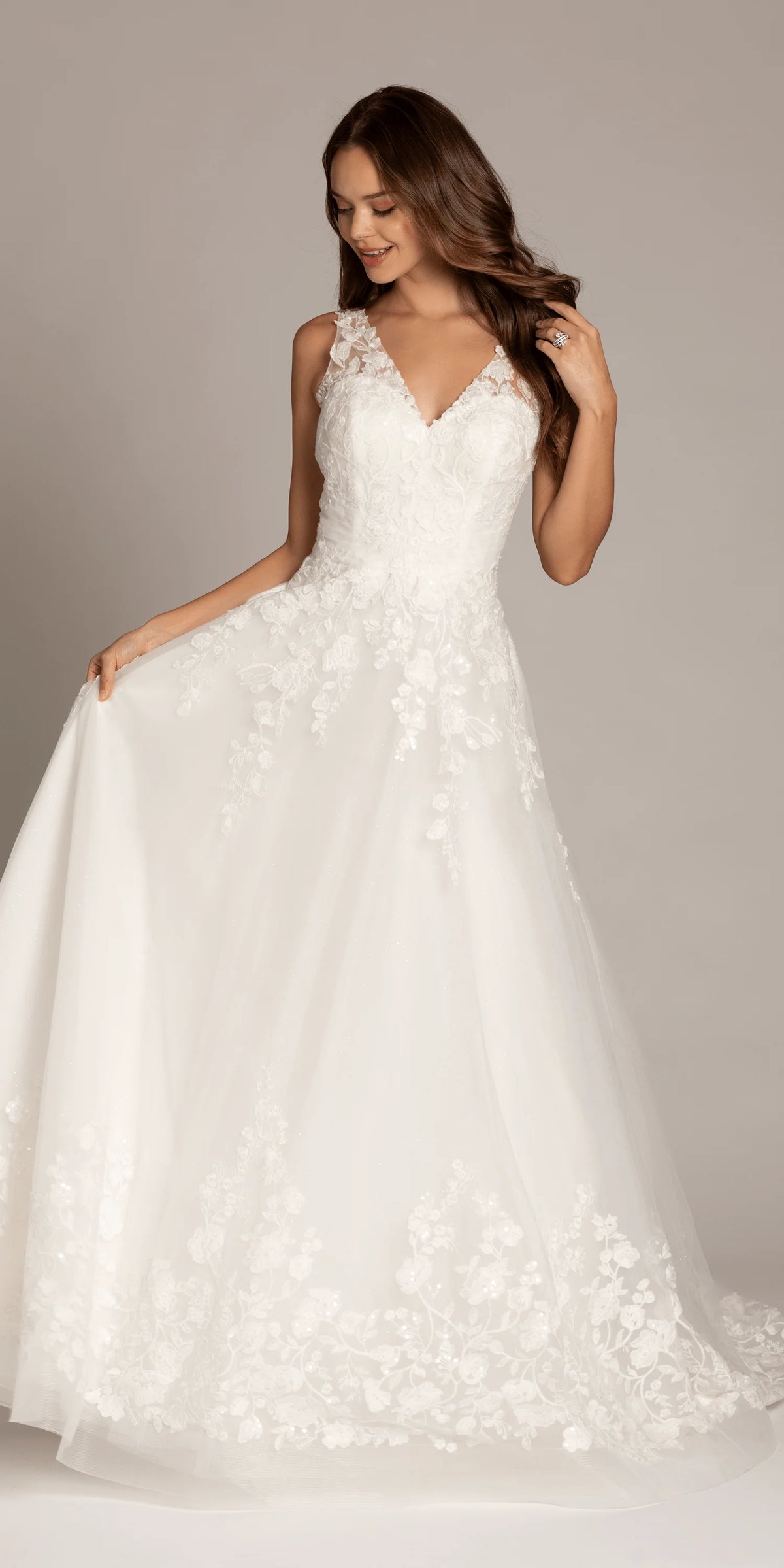 Tulle V Neck Ballgown with Floral Applique Hemline and Pockets