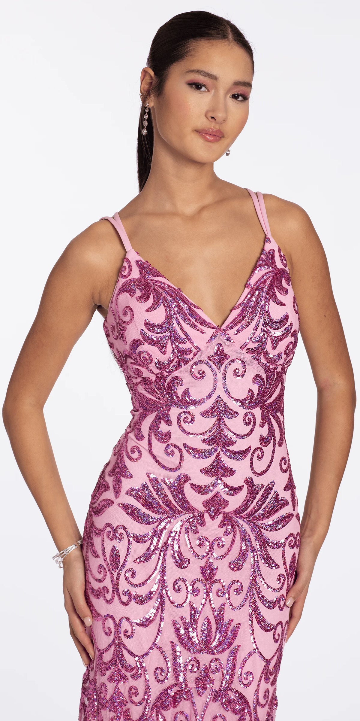 Strappy Back Swirl Sequin Illusion Column Dress
