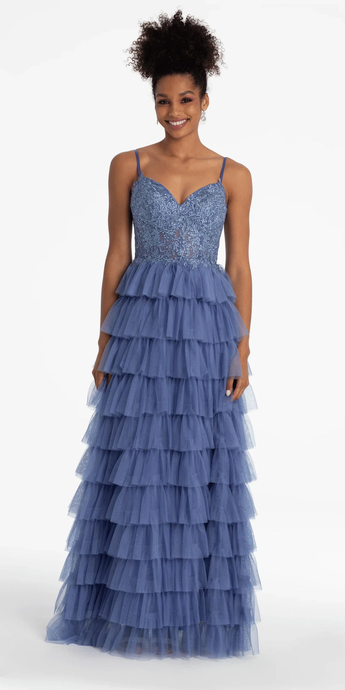 Mesh Tiered Corset Keyhole Back Ballgown