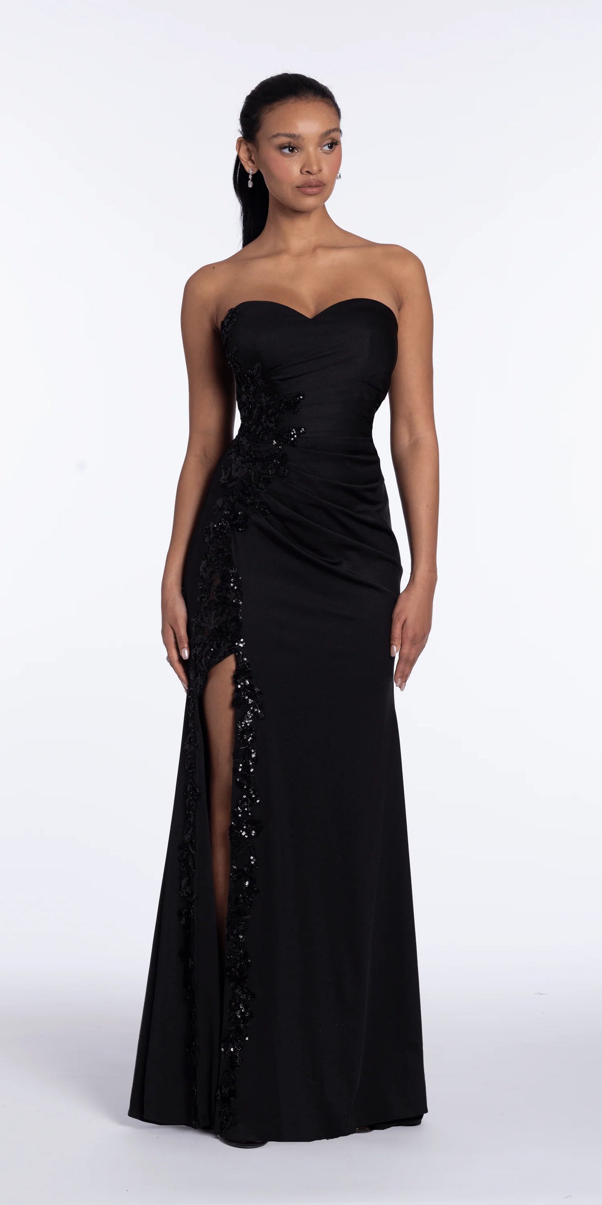 Strapless Sweetheart Spandex Applique Column Dress with Ruching