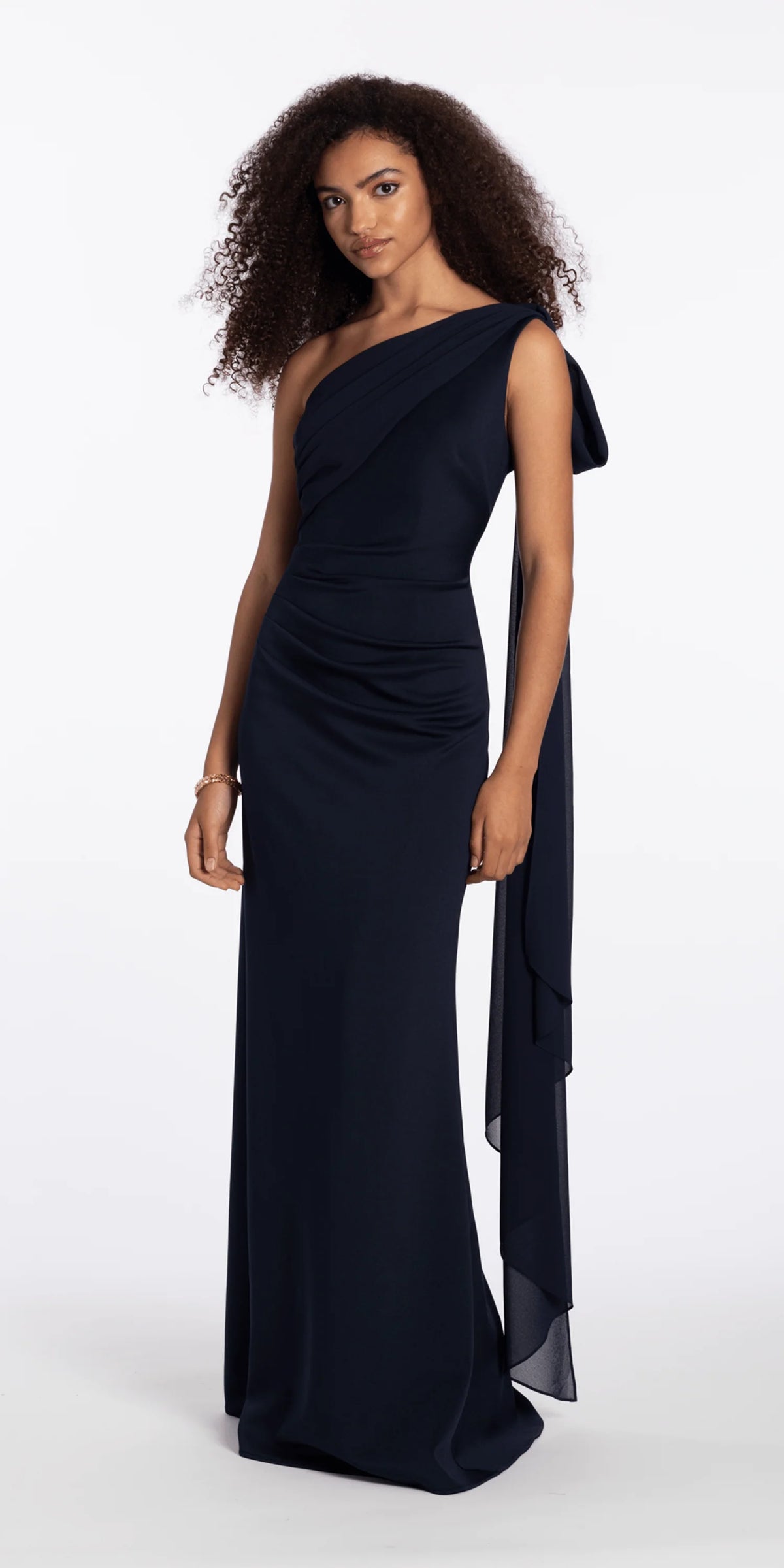 One Shoulder Scuba Column Dress with Chiffon Drape