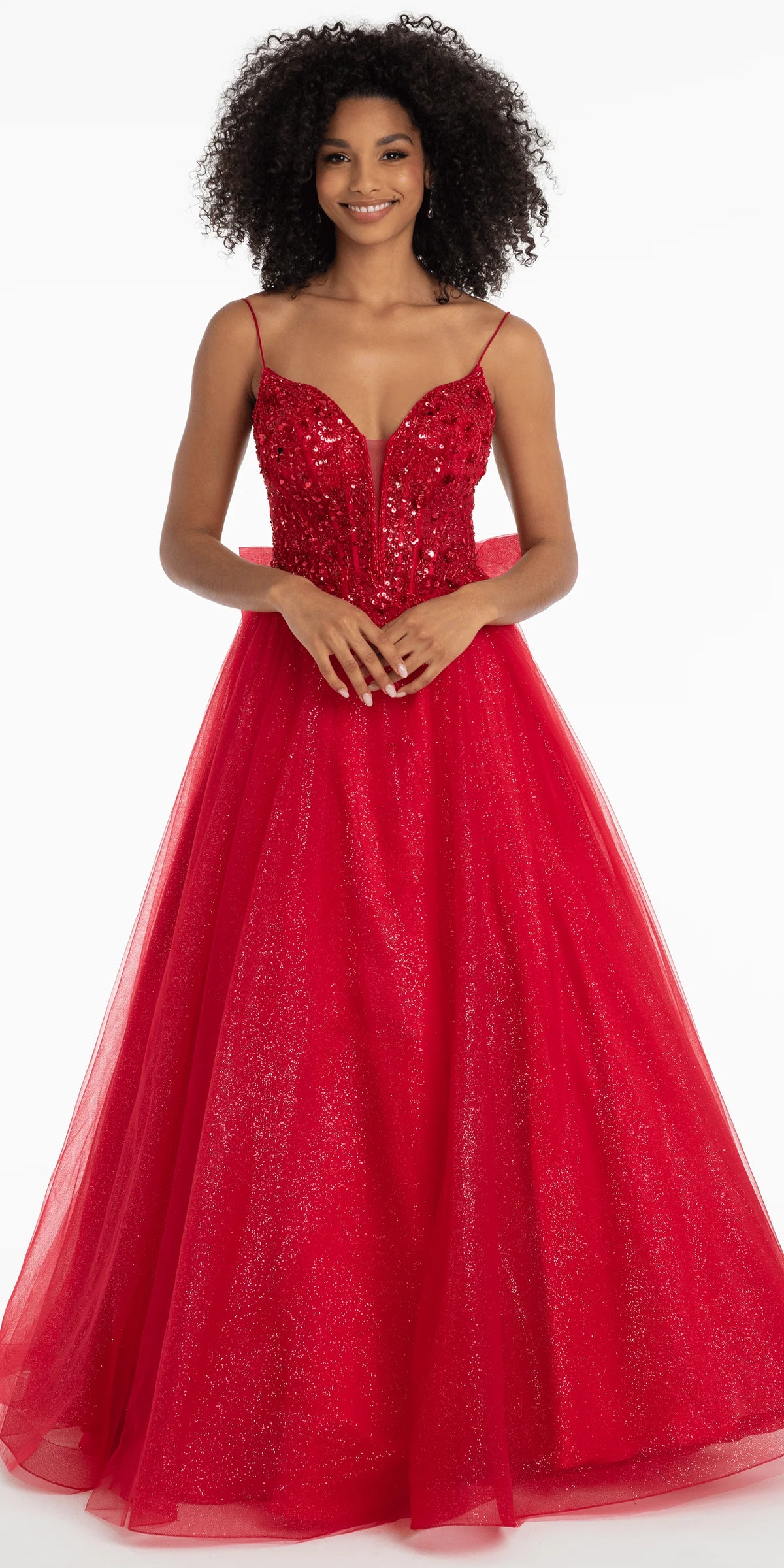 Beaded Plunge Corset Glitter Tulle Ballgown with Bow Back