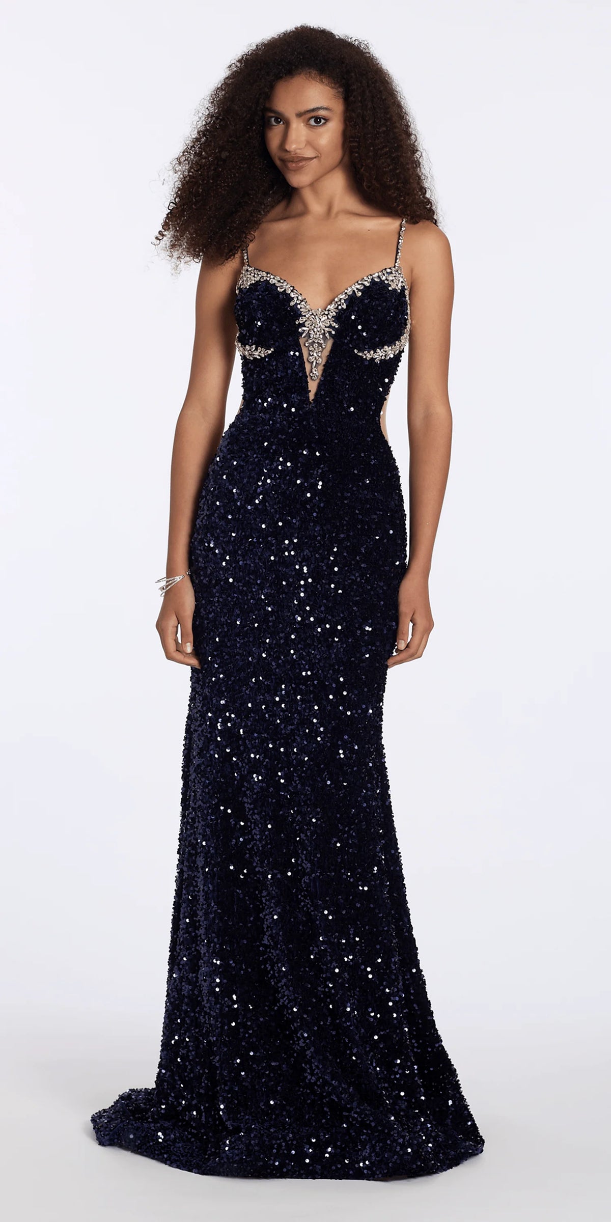 Sequin Velvet Plunging Column Dress with Rhinestone Detail