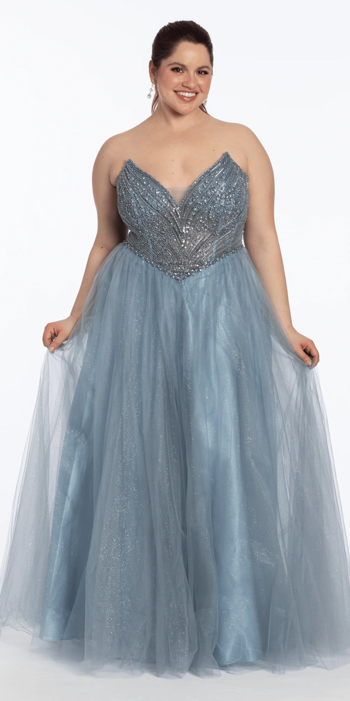 Strapless Pointed Beaded Corset Glitter Tulle Ballgown