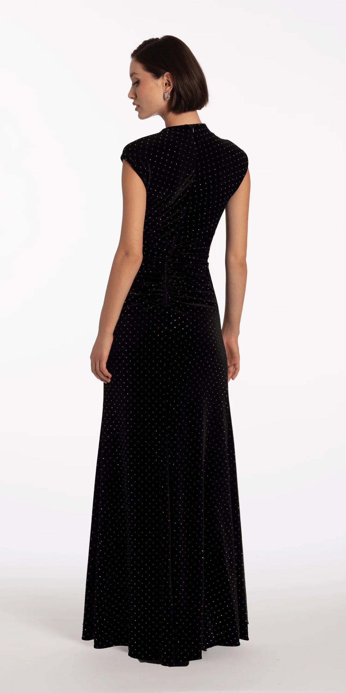 Stone Encrusted Velvet Mock Neck Cap Sleeve Column Dress
