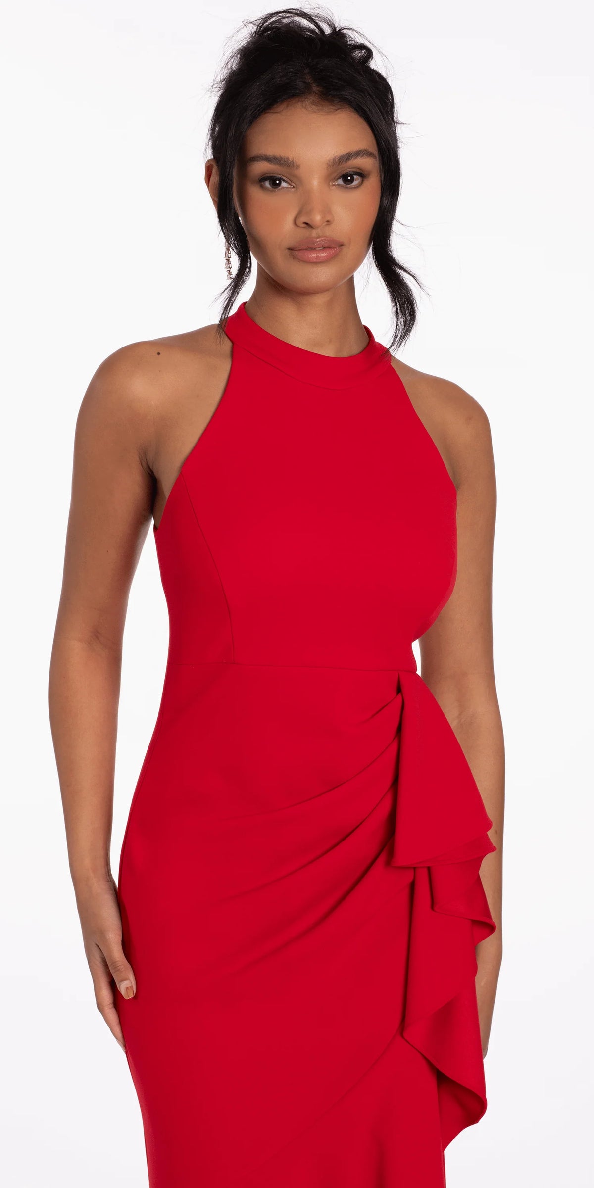 Crepe Racer Back Halter High Low Dress with Side Cascade