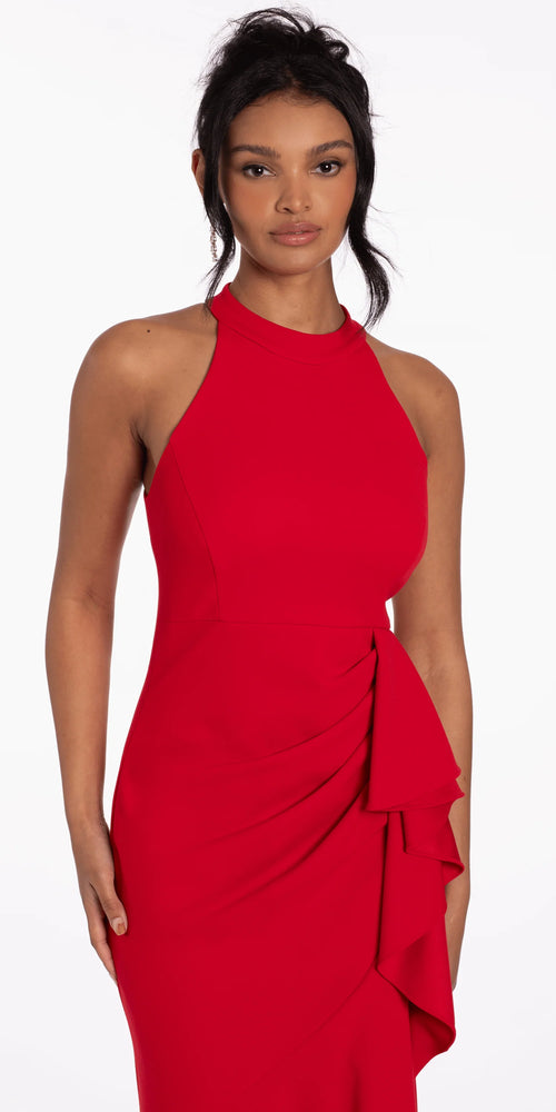 Crepe Racer Back Halter High Low Dress with Side Cascade