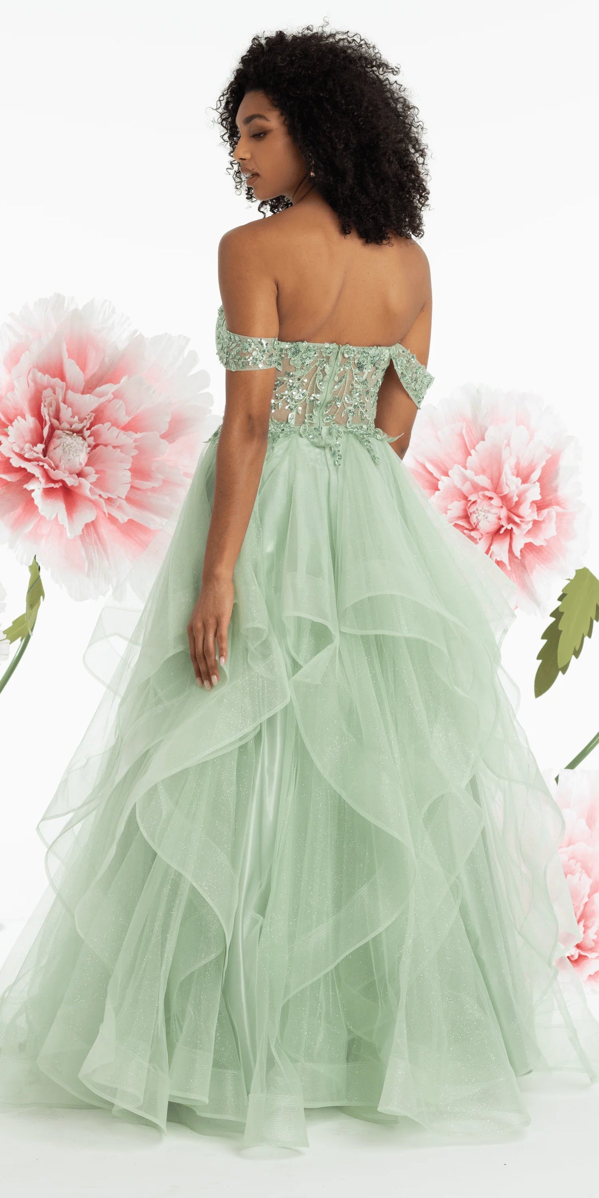 Embroidered Off the Shoulder Beaded Glitter Tulle Tiered Ballgown