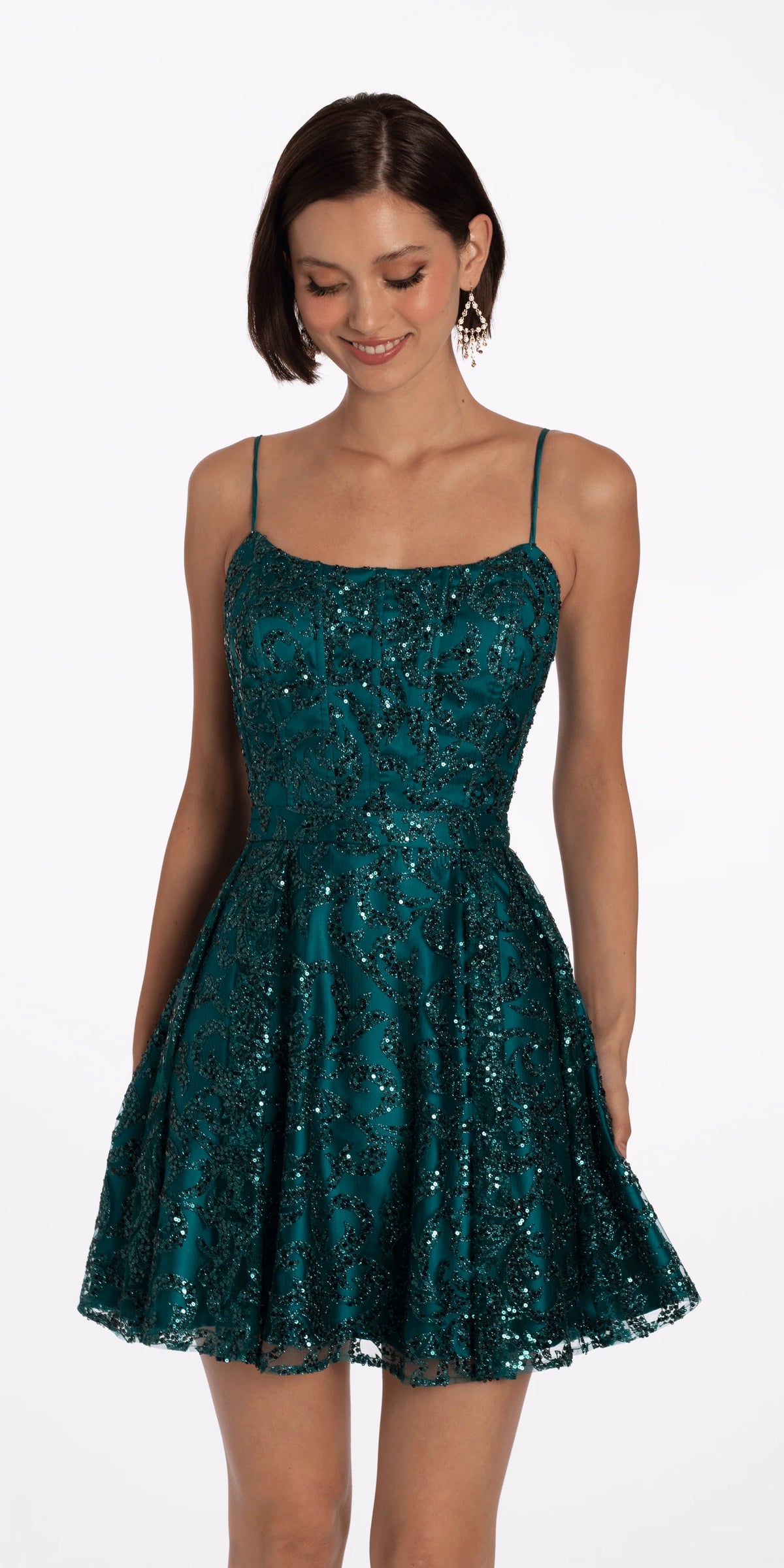 Square Neck Glitter Mesh Corset Skater Dress