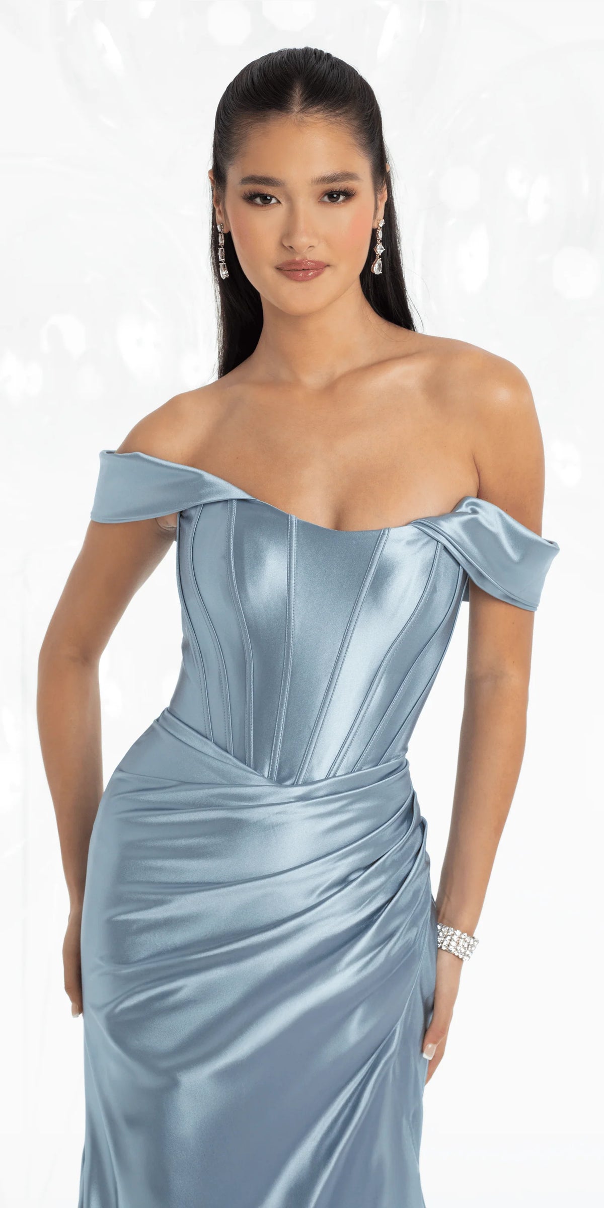 Stretch Satin Off the Shoulder Corset Trumpet Dress