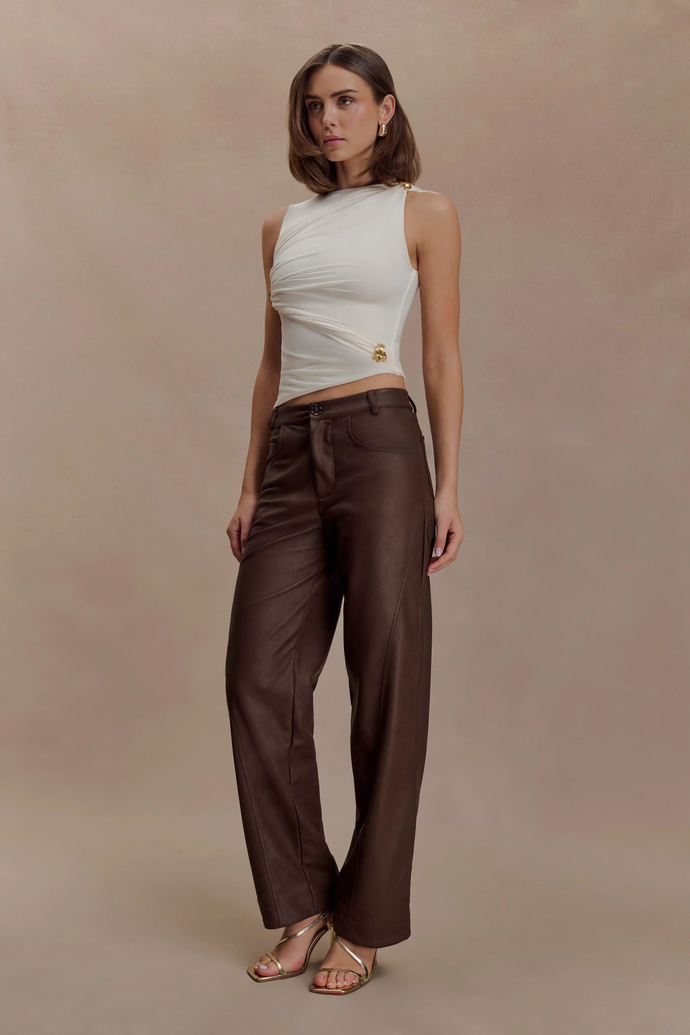 Theo Faux Leather Mid Rise Pants Dark Chocolate