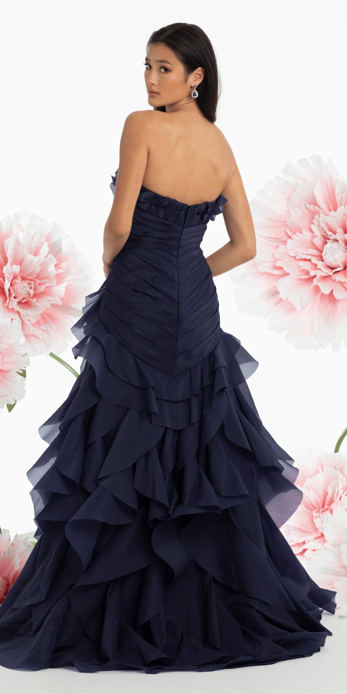Strapless Crinkle Chiffon Pleated A Line Dress with Tendrils