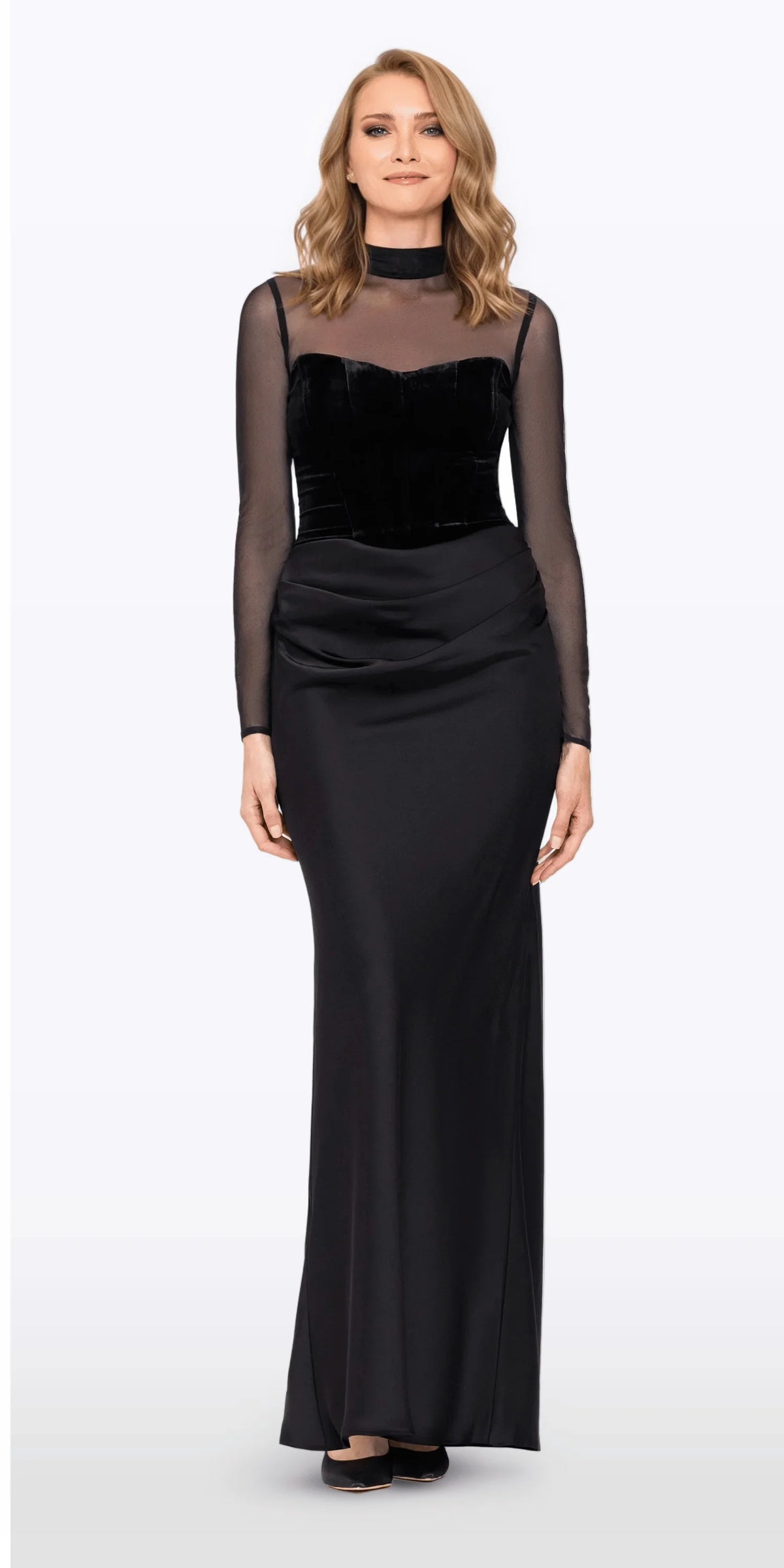 Mock Neck Illusion Long Sleeve Velvet and Satin Column Dress