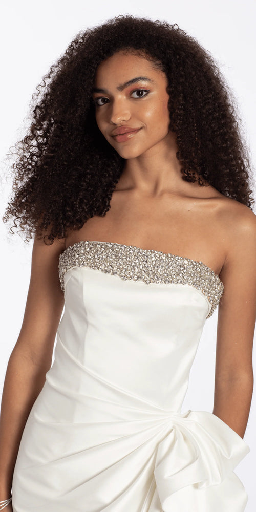 Embellished Strapless Mikado Midi Dress with Ruching