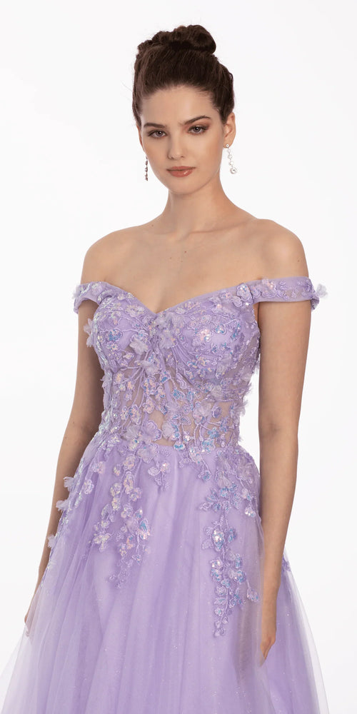3 D Floral Embroidered Off the Shoulder Ballgown
